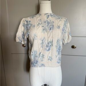 Cream & Blue Floral Cable Knit Puff Sleeve Sweater XS